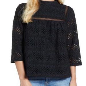 Vineyard Vines Black Mock Neck Eyelet Lined 3/4 Sleeve Top Size 16
